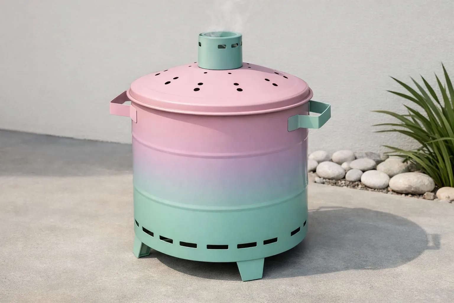 Colorful, modern, gradient-colored storage container with perforated lid.