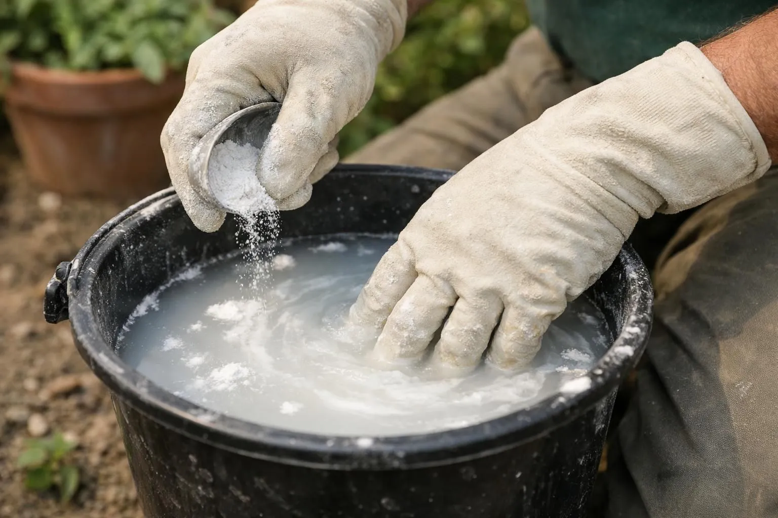 Hands in gloves mixing white substance in black container.