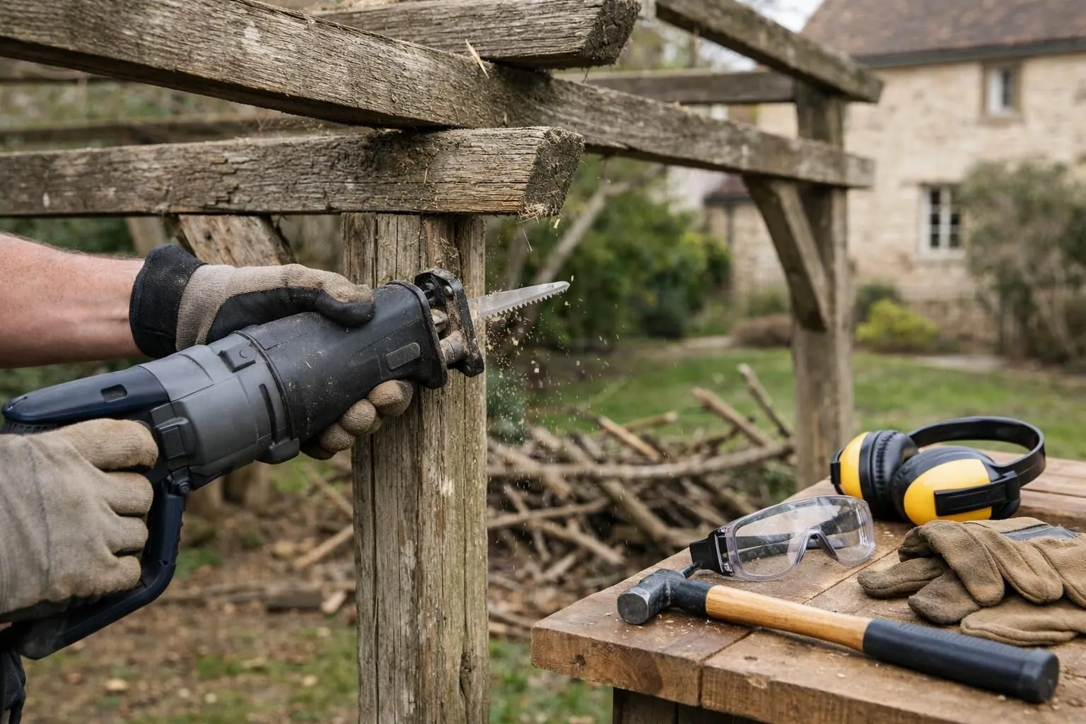 Outdoor garden renovation scene in a French suburban backyard, showing a homeowner using a reciprocating saw to dismantle an old wooden pergola structure, cut branches piled nearby, garden gloves and safety goggles on a workbench, natural afternoon sunlight, realistic photography style, professional DIY atmosphere, tools and wood textures in sharp focus, authentic French garden setting with ornamental plants in background, no text, no logos, no watermarks