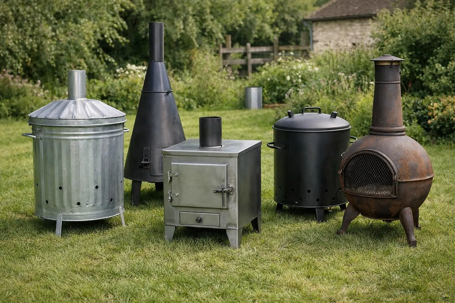 Collection of five different garden incinerator models arranged on grass in French countryside garden: cylindrical metal incinerator, conical model with tall chimney, large square industrial incinerator, dual-purpose incinerator with barbecue grill, and ventilated lid model. Each type clearly visible with distinct shapes and sizes, outdoor rural setting with trees in background, natural daylight, realistic photography, professional product display style, high detail textures showing galvanized steel and stainless steel materials, no text, no labels, no watermark.
