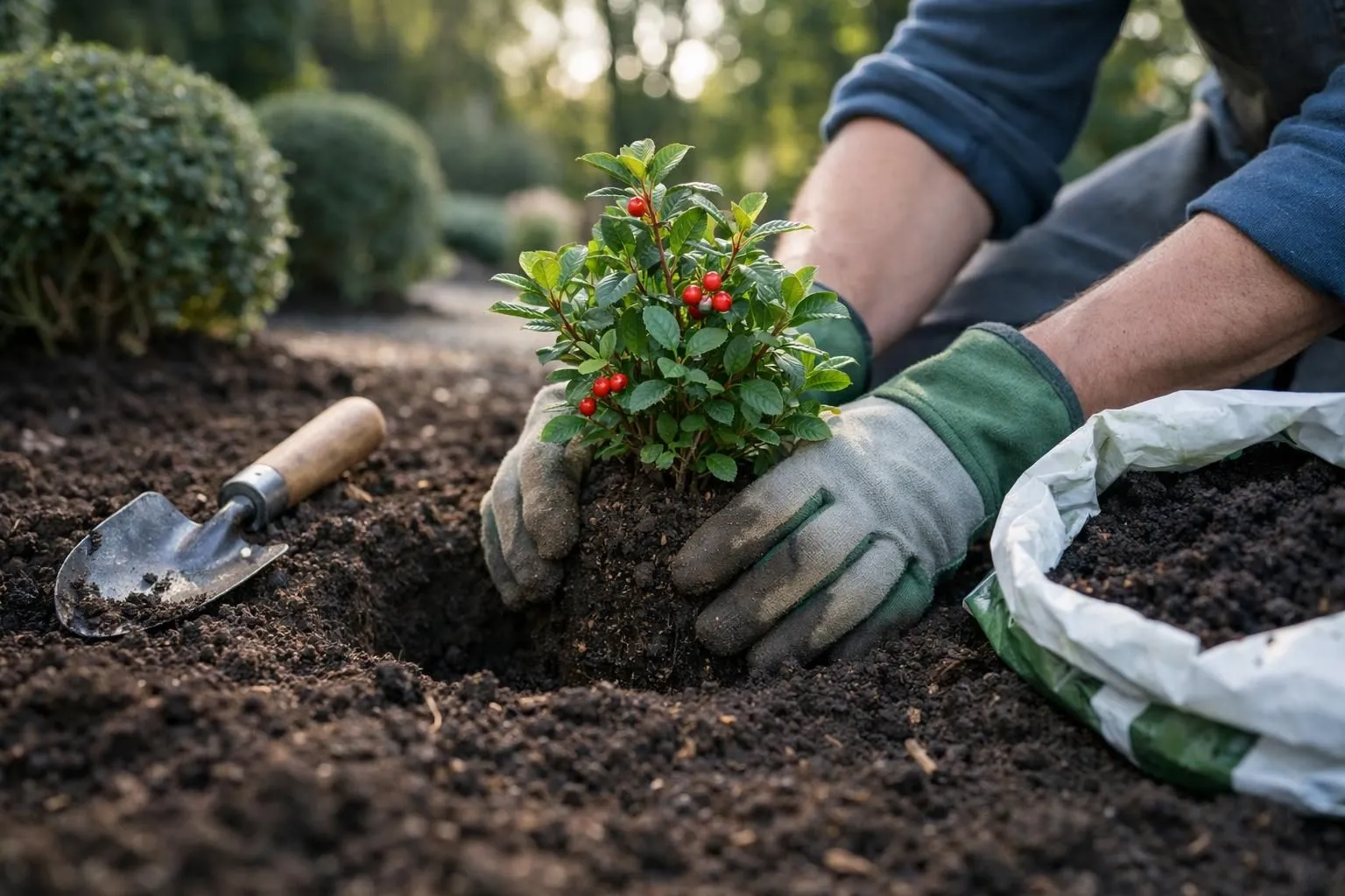 Hands planting a small berry bush in rich dark soil in a French garden, gardening gloves visible, small shovel and compost bag nearby, natural morning light filtering through trees, realistic photography, shallow depth of field focusing on the planting hole, professional gardening setup, elegant and authentic French garden atmosphere, no text