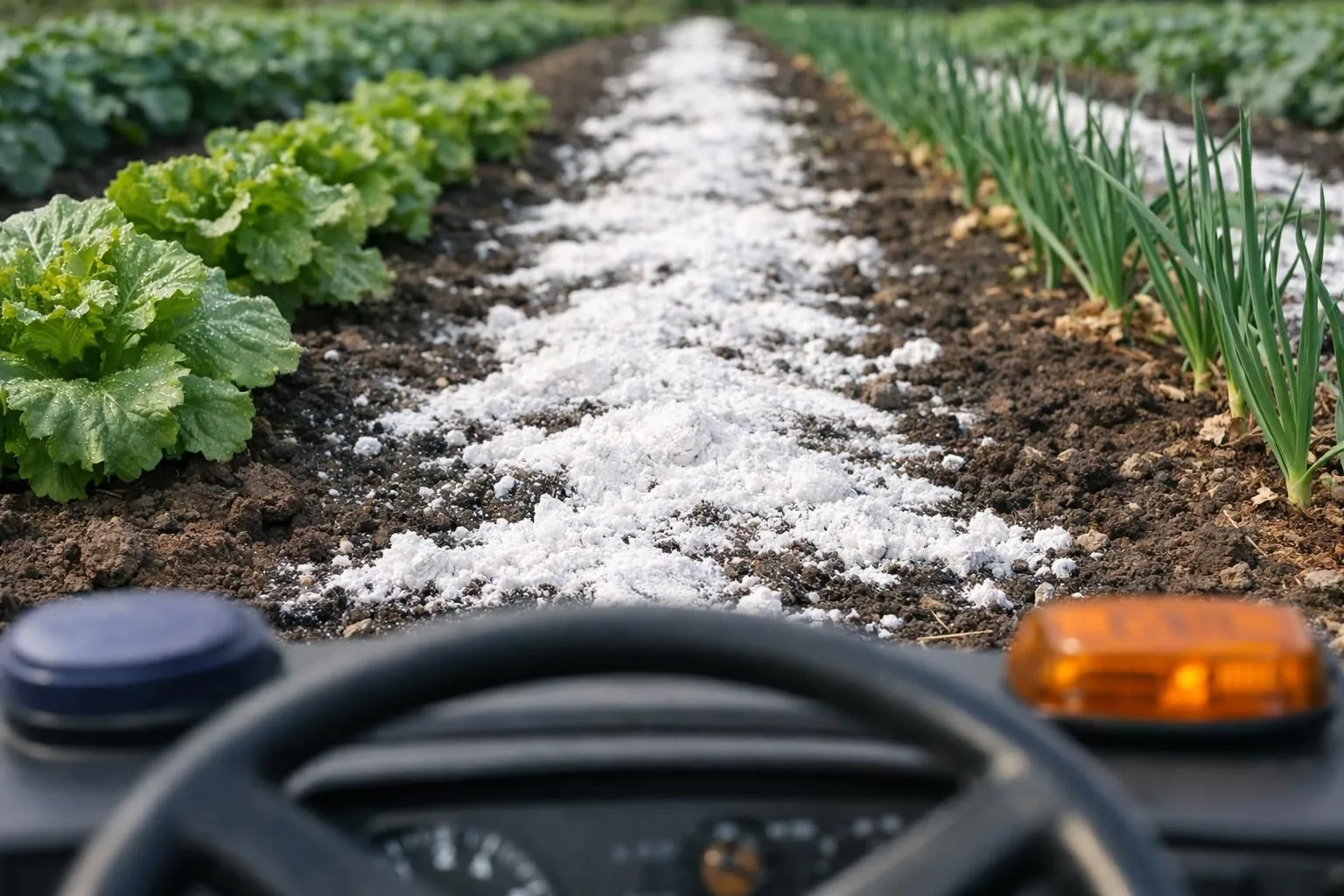 Vegetable garden path covered in snow, with gardening tools nearby.