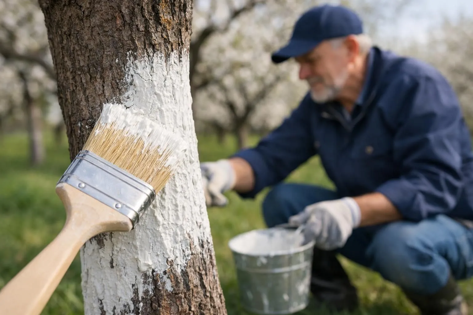 A person painting a tree trunk with a brush.