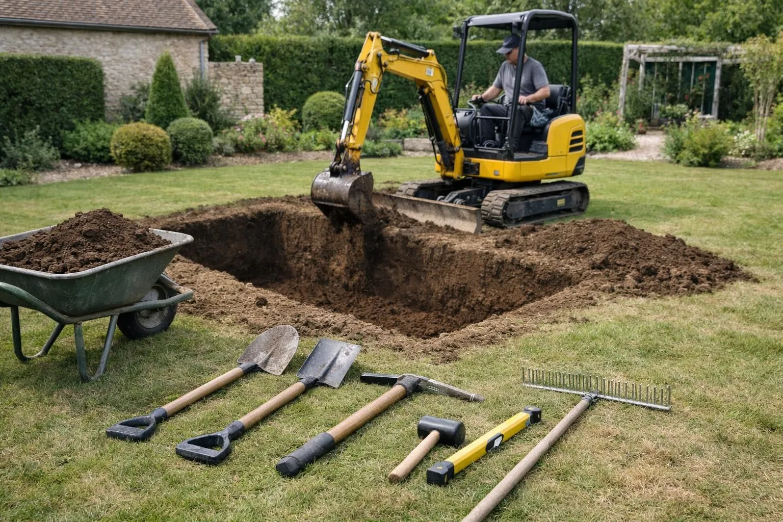 Excavation professionnelle dans un jardin français avec mini-pelleteuse jaune, trou rectangulaire aux dimensions précises montrant les différentes couches de terre et de gravier, outils de terrassement professionnels disposés au premier plan, jardin résidentiel en arrière-plan avec pelouse soignée, lumière naturelle du matin, photographie réaliste haute définition, profondeur de champ modérée, atmosphère de chantier organisé et propre, NO TEXT, no logo, no watermark