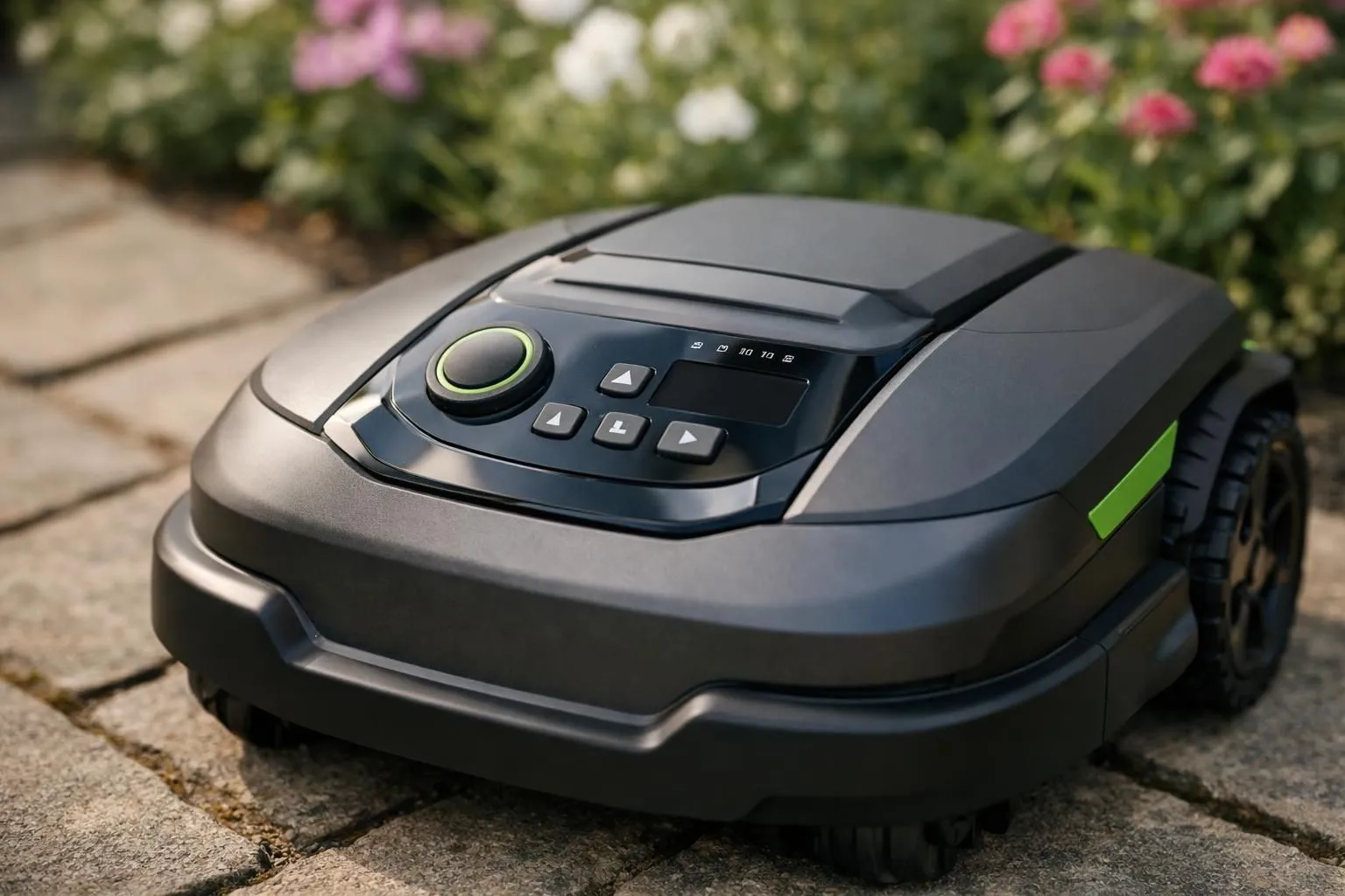 Robotic lawn mower with control panel and wheels on pavement.