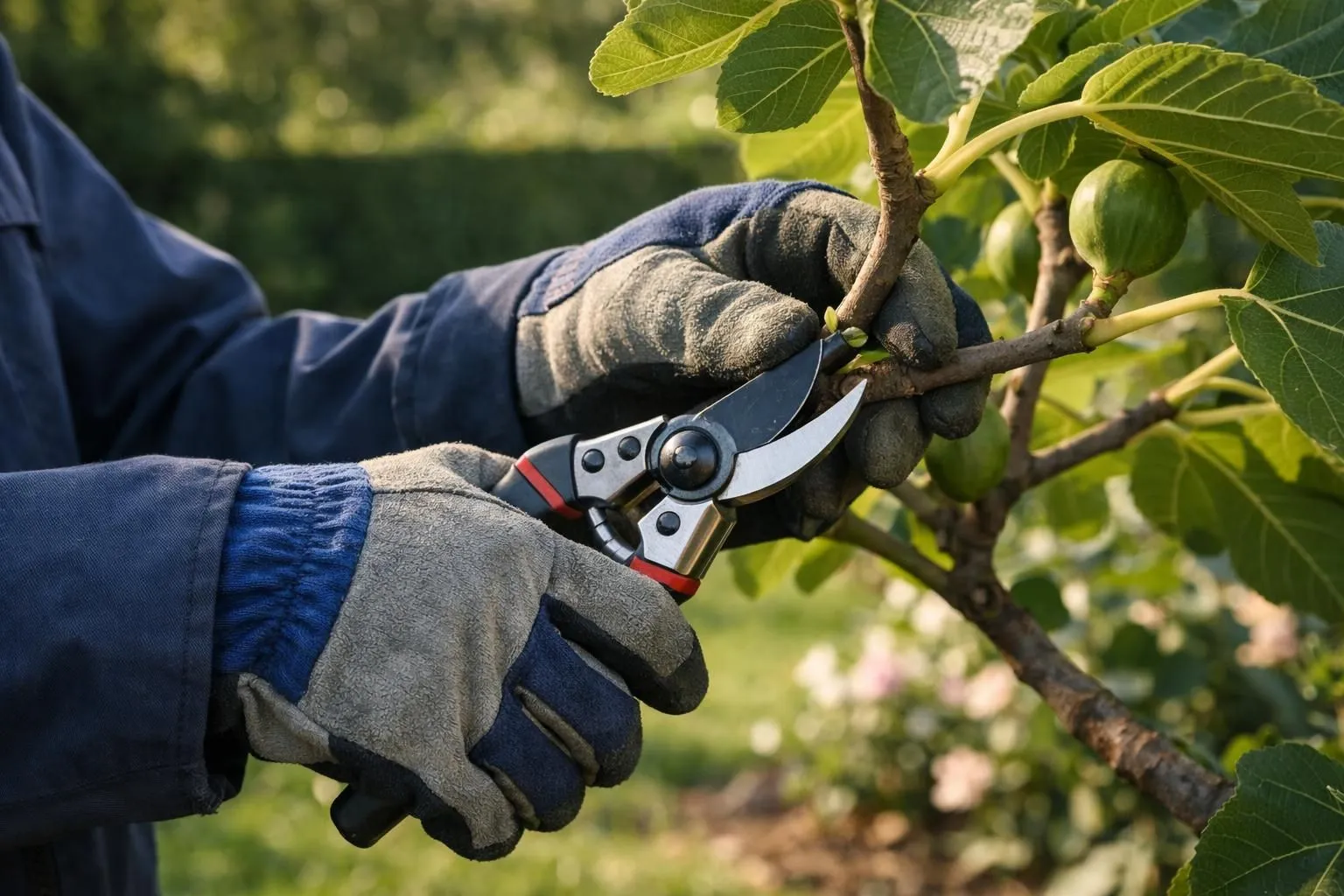 Gardener wearing thick protective gloves and long sleeves while carefully pruning a fig tree in a French garden, late afternoon light, professional pruning shears visible, realistic photography style, close-up on hands and protective equipment, natural outdoor setting, safety-focused composition, high detail, authentic gardening scene