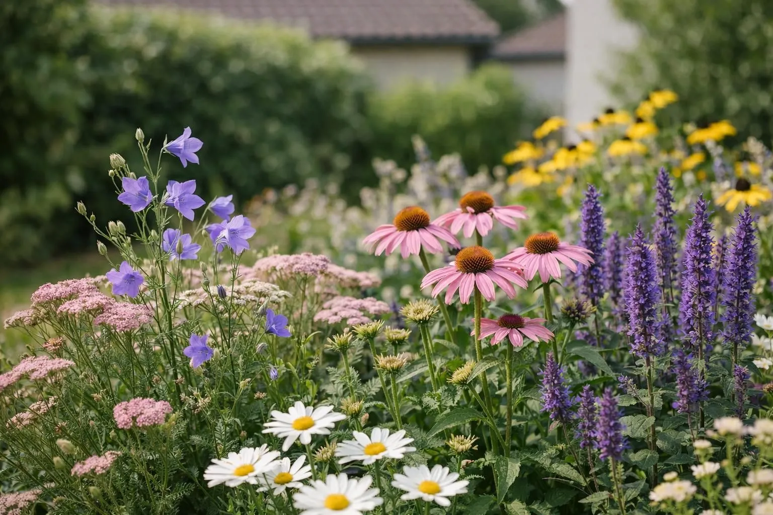 Layered perennial garden bed photographed in a French residential backyard, showing multiple flowering stages with early spring bulbs (crocus, hellebores) in the foreground, mid-season blooms (salvias, echinacea) at middle height, and tall late-summer perennials (asters, sedums) in the background, creating visible depth and continuous color. Natural morning light, realistic photography, shallow depth of field focusing on the varied bloom heights, professional garden design aesthetic, vibrant yet natural colors, no text or labels.
