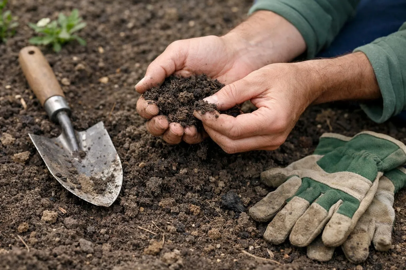 Gardener kneeling in French garden, digging hole to examine soil layers, hands testing soil texture and drainage quality, shovel and gardening gloves nearby, fig tree sapling waiting to be planted, natural daylight, realistic photography, earthy tones, professional horticulture atmosphere