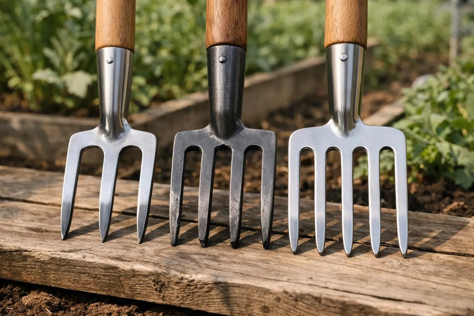 Three different models of garden forks with varying numbers of tines (3, 4, and 5 prongs) displayed side by side on wooden planks in a French vegetable garden, realistic photography, natural morning light, detailed metal textures showing forged steel and stainless steel finishes, wooden handles visible, soil and green plants slightly blurred in background, premium gardening tool comparison, professional product photography style, shallow depth of field, warm natural tones