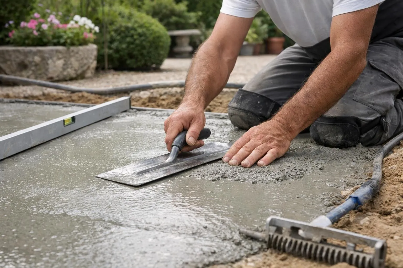 Professional worker applying concrete screed layer on outdoor garden floor, tools and level visible, hands smoothing surface with trowel, realistic photography, natural daylight, close-up detail of ravoirage technique, French garden setting in background, high-quality construction work, authentic building site atmosphere, earthy tones, sharp focus on technique, no text, no watermark