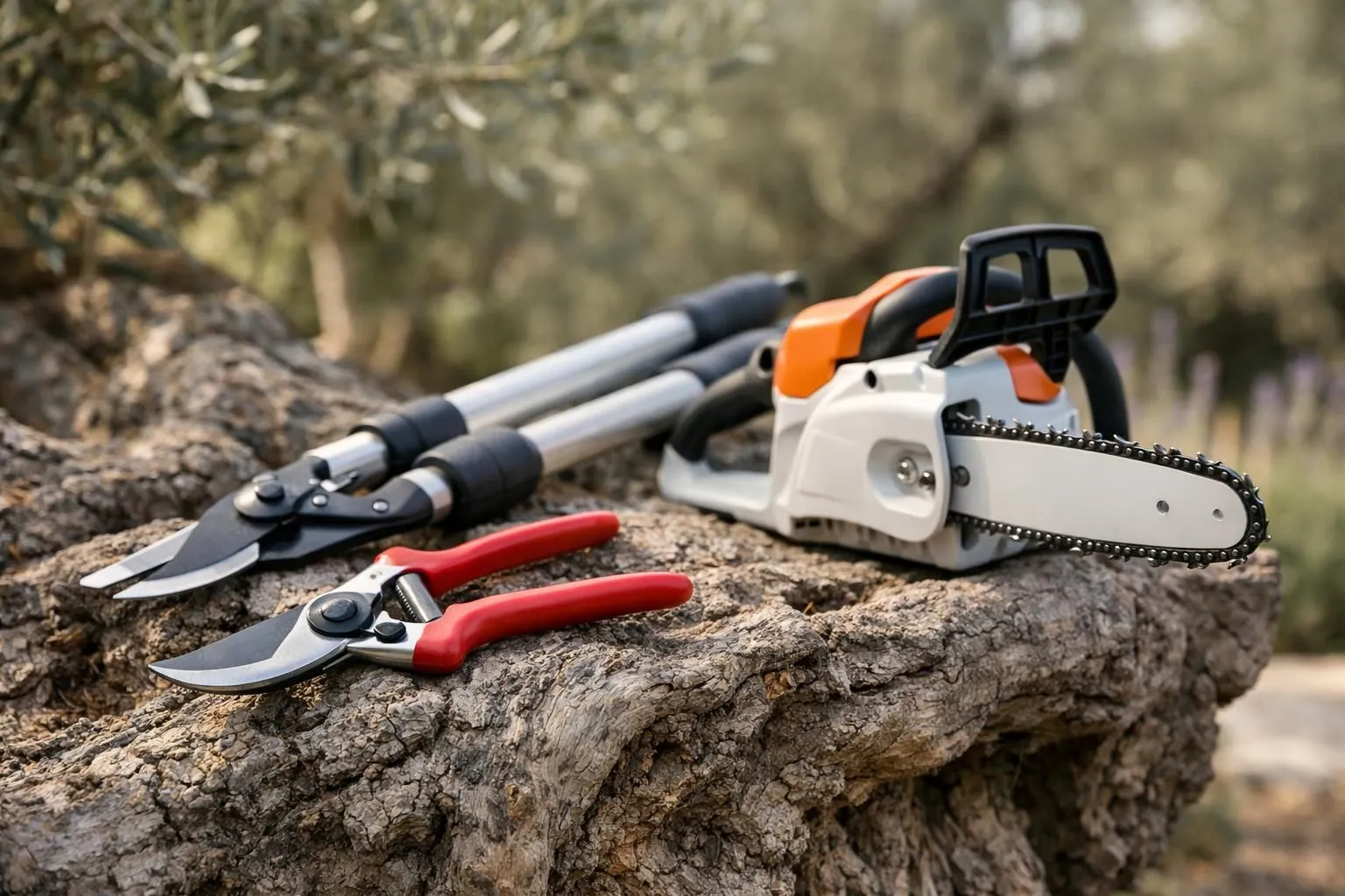Professional-grade pruning tools arranged on weathered olive wood trunk in French Mediterranean garden. Felco bypass secateurs, telescopic loppers with extension pole, and lightweight chainsaw displayed with cleaning cloth and alcohol spray bottle. Olive branches with silvery-green leaves in soft morning light. Realistic photography style, shallow depth of field, premium gardening tools aesthetic, natural textures, no text or logos visible.