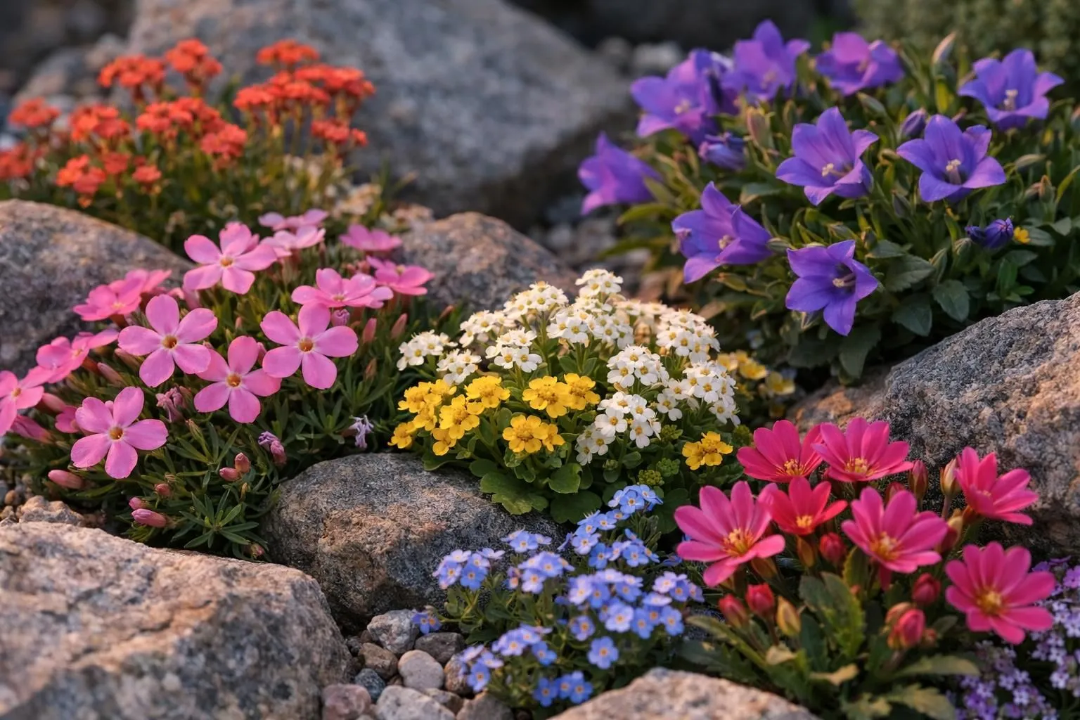 Vibrant, colorful wildflowers blooming among rocks and stones.