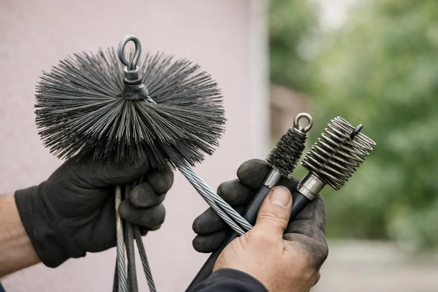 Closeup of two wire brushes held in gloved hands.