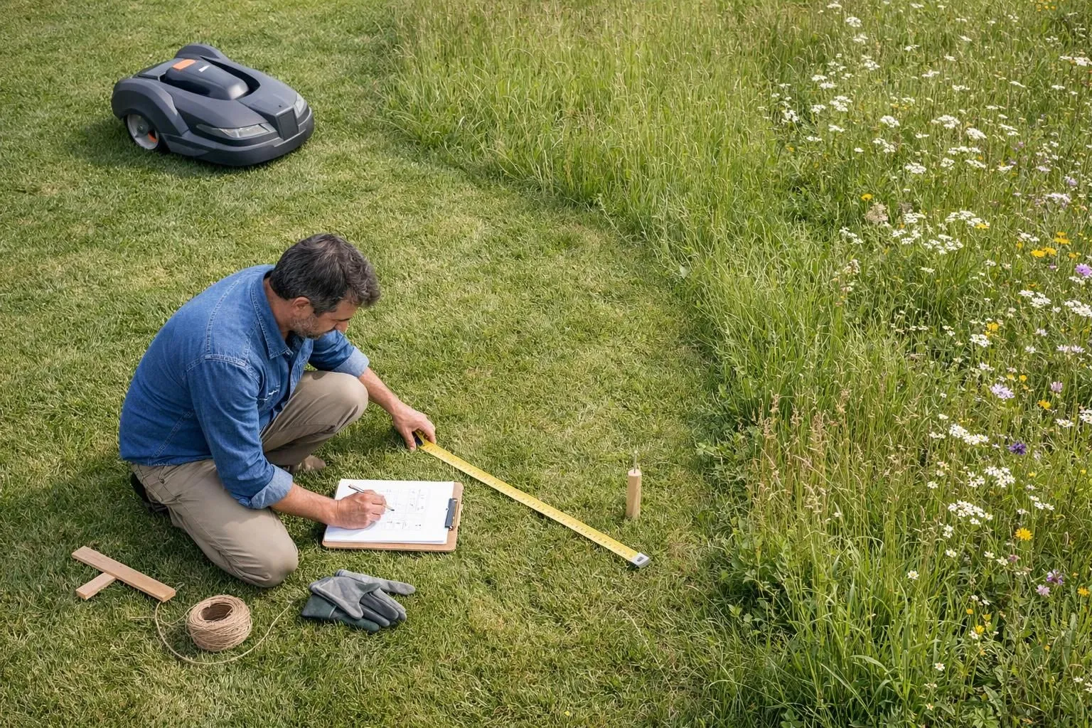 Garden planning scene showing a French homeowner with a landscape sketch and measuring tape, marking different zones in a suburban garden. Visible mowing equipment (modern mulching mower) in background. Realistic photography, natural daylight, professional yet approachable atmosphere. Different grass heights visible in zones: short manicured lawn near house, medium-height transition area, and taller wildflower meadow section at garden edge. Overhead view of garden layout with clear zone differentiation, high-end gardening lifestyle aesthetic, warm natural colors, no text or labels.