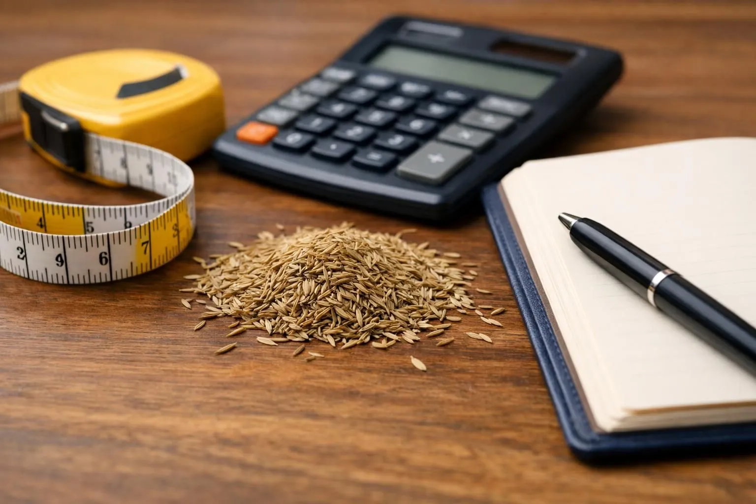 Measuring tape, calculator, notebook, and pile of grains on wooden table.