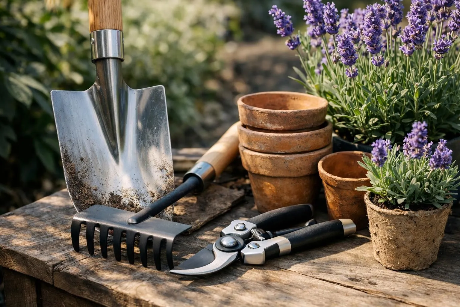 Gardening tools, terracotta pots, and lavender plants on a wooden surface.