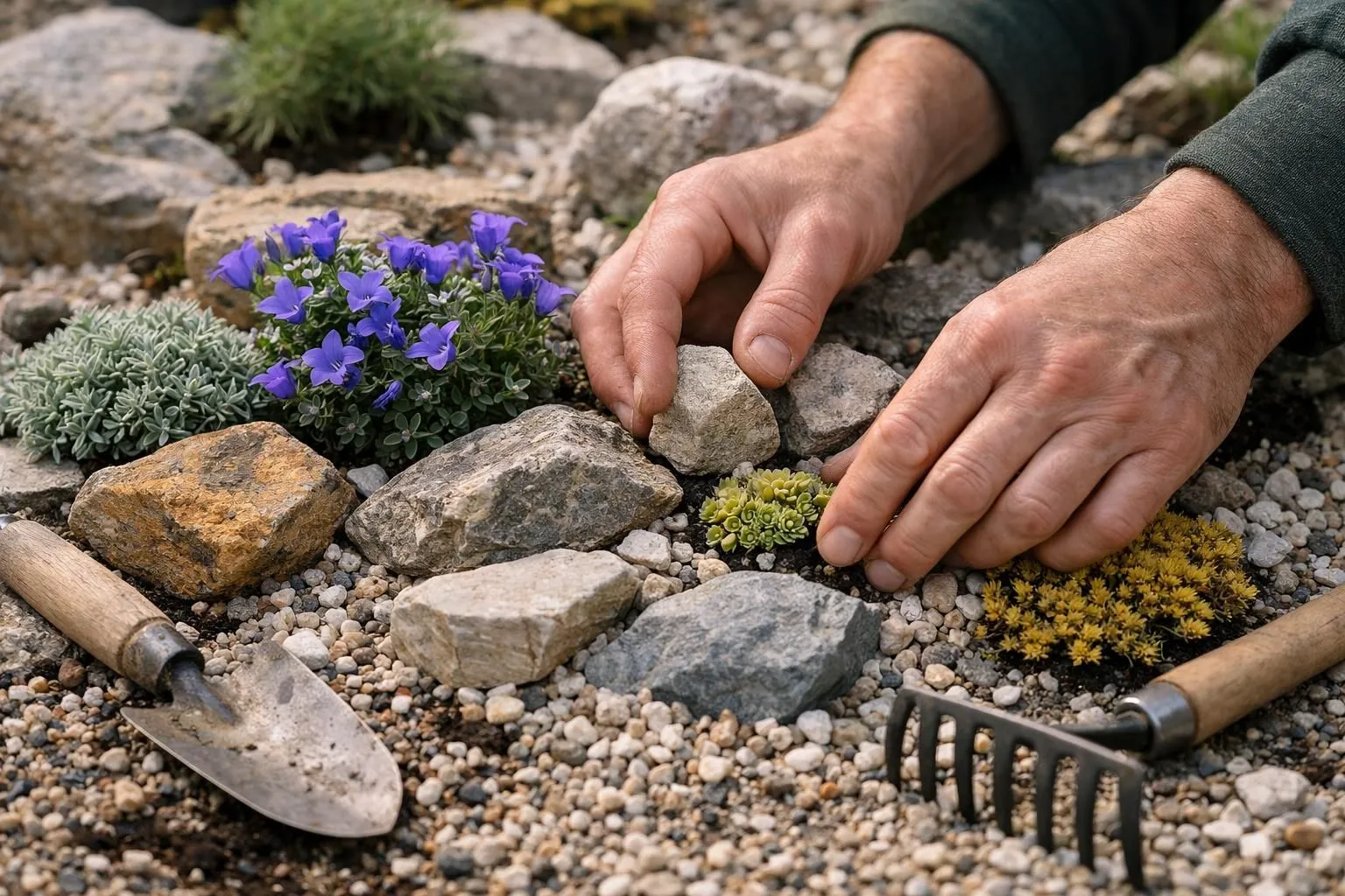 Gardener's hands arranging decorative stones and small alpine plants in a French rock garden, tools including trowel and rake visible on the ground, natural sunlight highlighting textures of gravel and foliage, close-up realistic photography, shallow depth of field, earth tones and greens, professional gardening atmosphere, no text