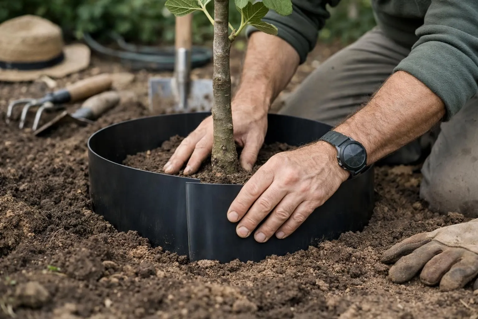 Gardening expert installing a root barrier around a young fig tree in a French suburban garden, close-up of hands positioning rigid PVC barrier vertically in soil trench, nearby tools include spade and measuring tape, natural morning light, professional demonstration scene, realistic photography, shallow depth of field focusing on barrier installation, lush green lawn in background, educational and trustworthy atmosphere
