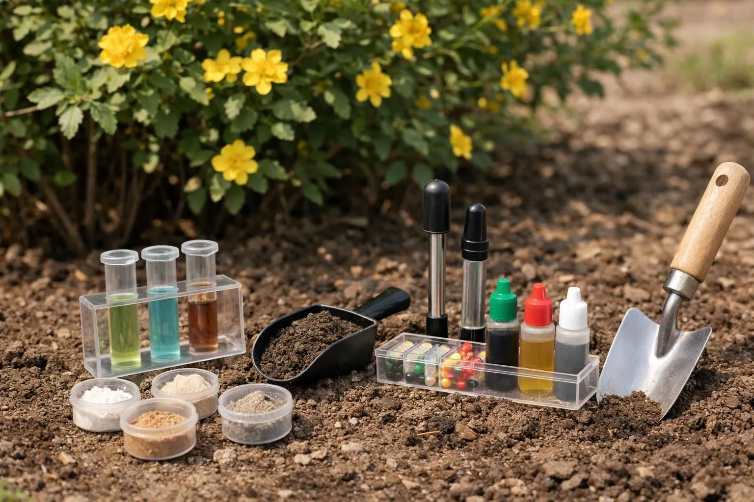 Gardening tools, soil samples, and plant care products on soil.