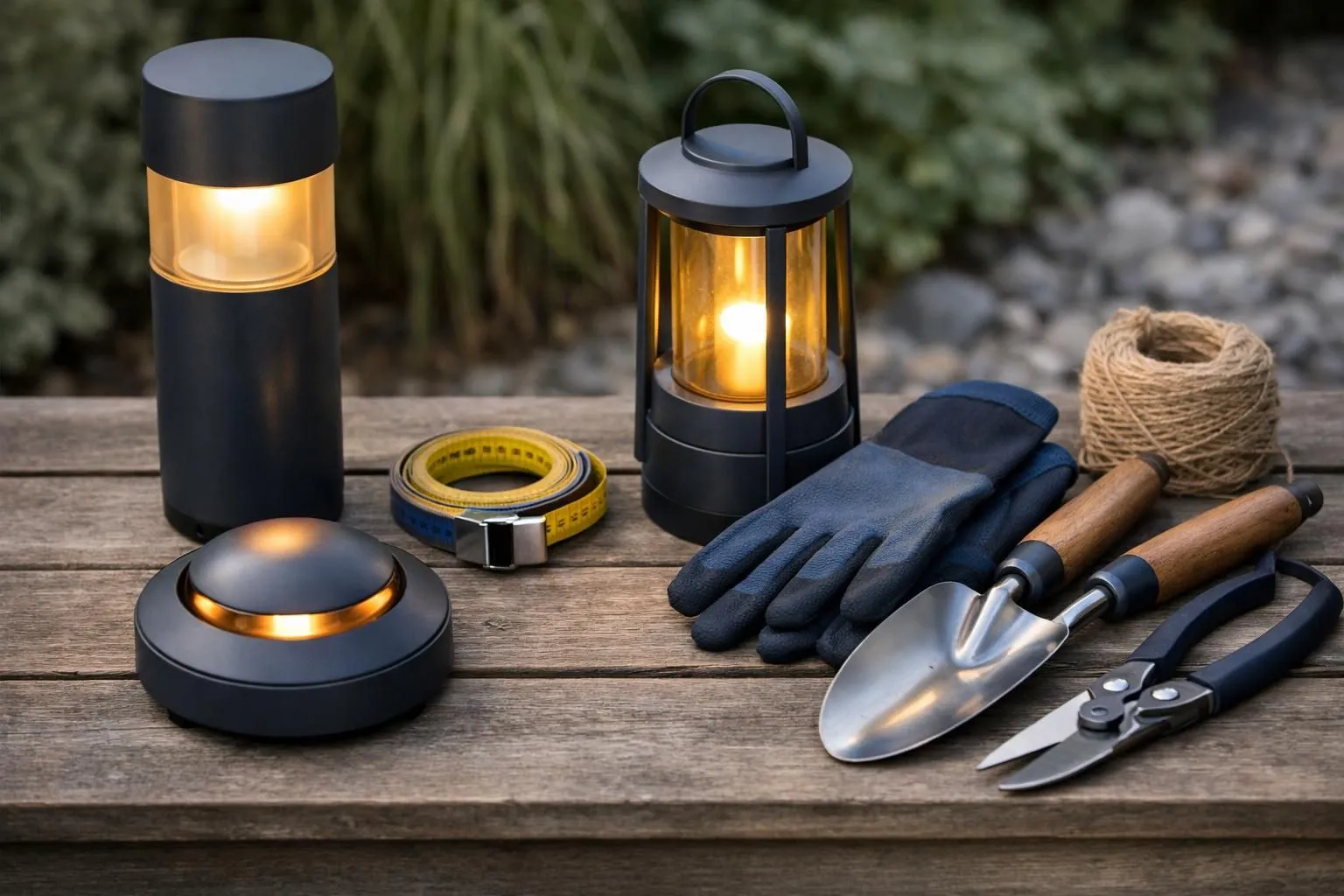 Outdoor gardening tools, lanterns, and accessories on a wooden surface.