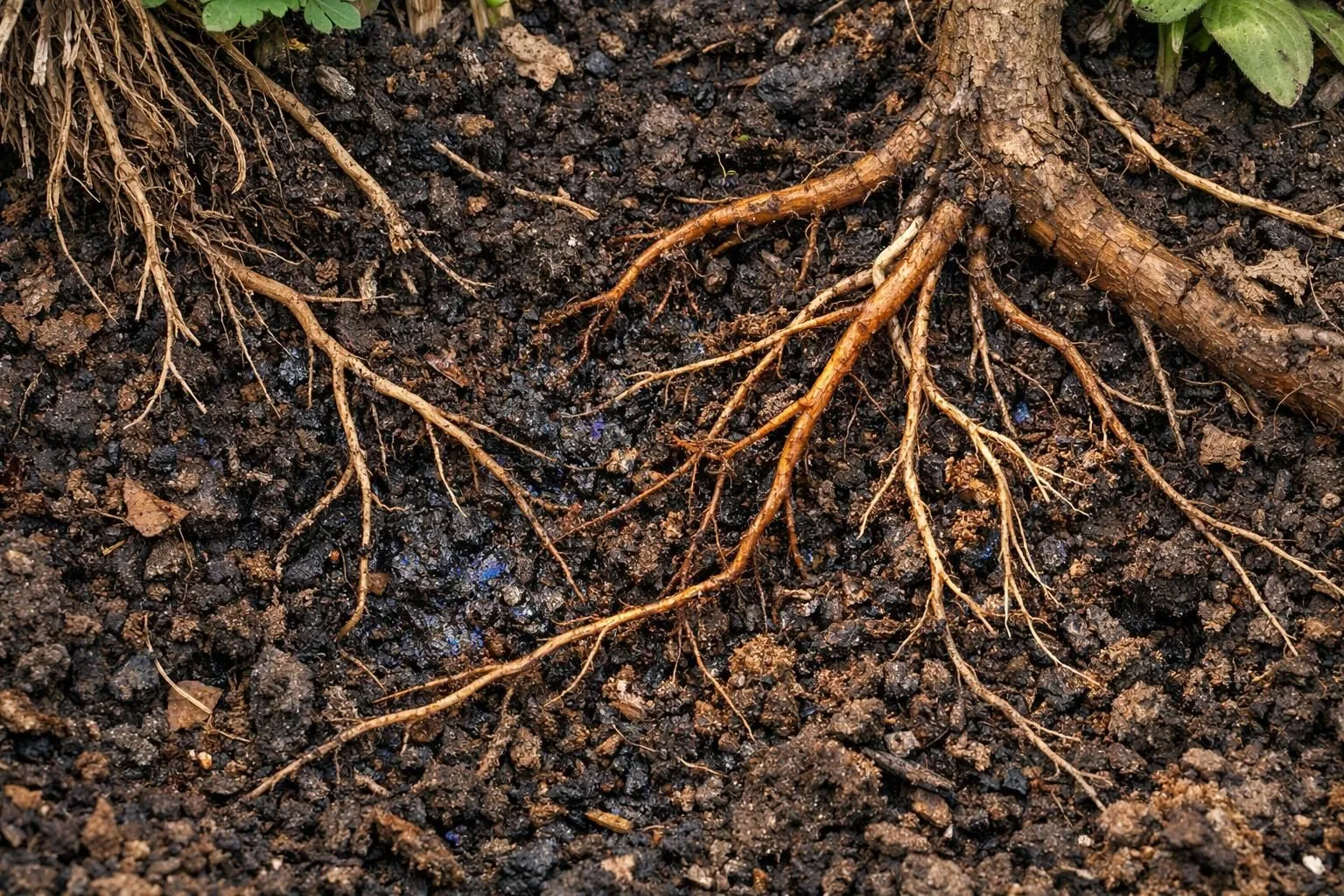 Intricate network of roots in rich, dark soil.