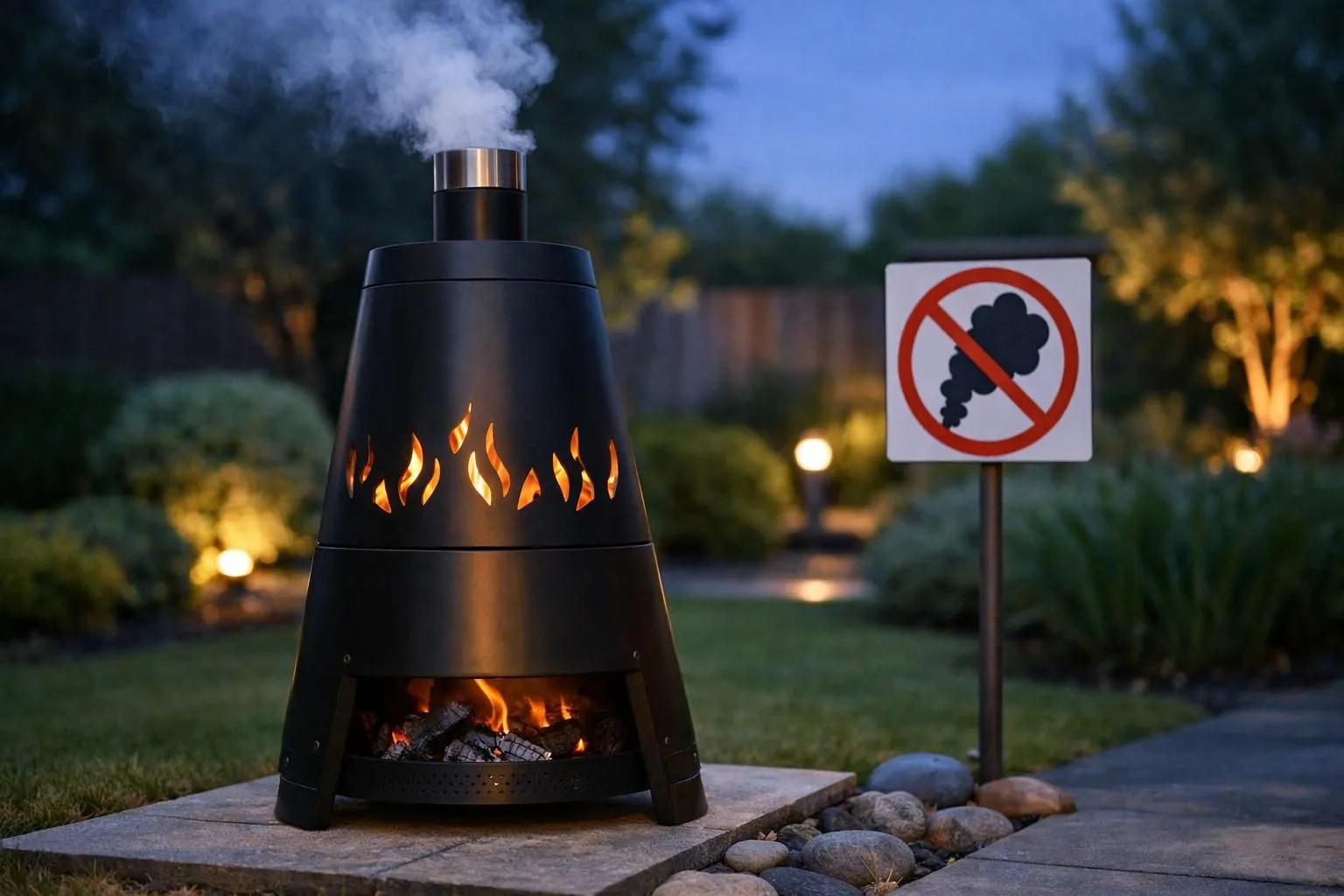 Outdoor fireplace with no smoking sign in garden at night.