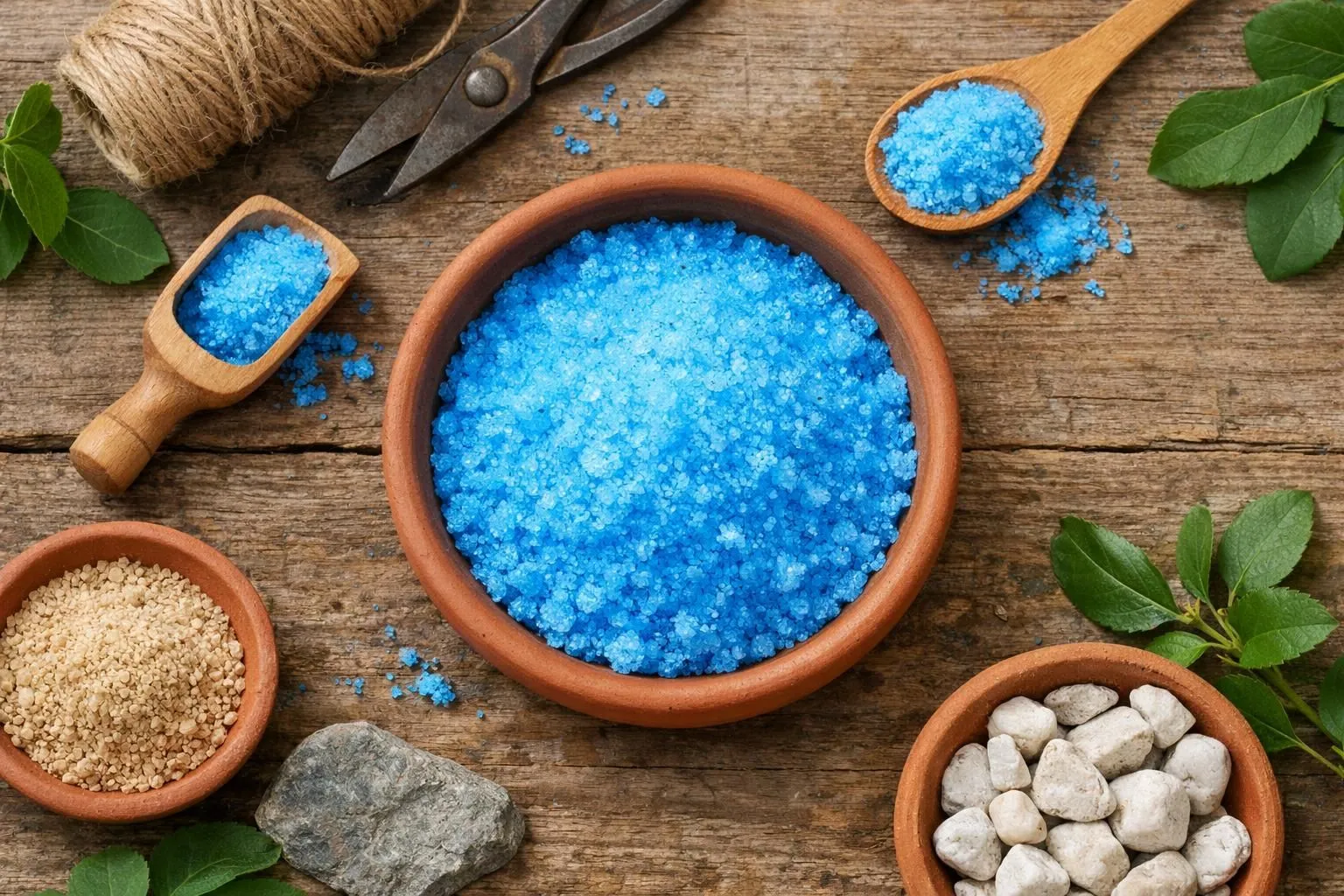 Colorful blue bath salts, wooden spoons, and natural ingredients.