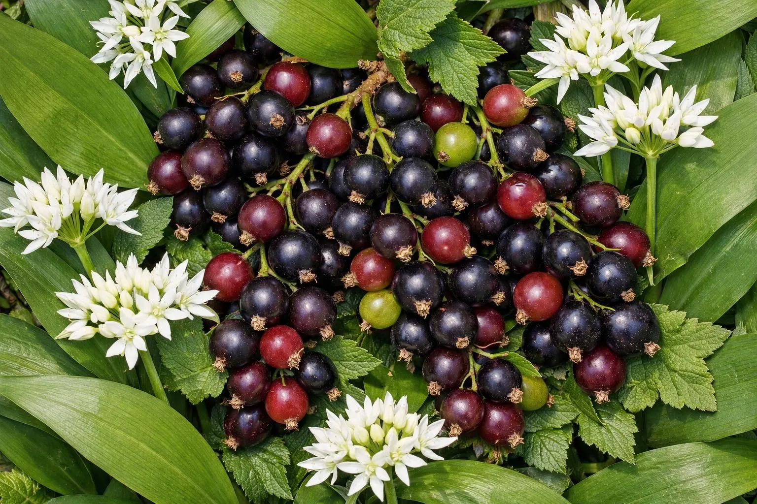 Vibrant purple grapes, green leaves, and white flowers in a natural setting.
