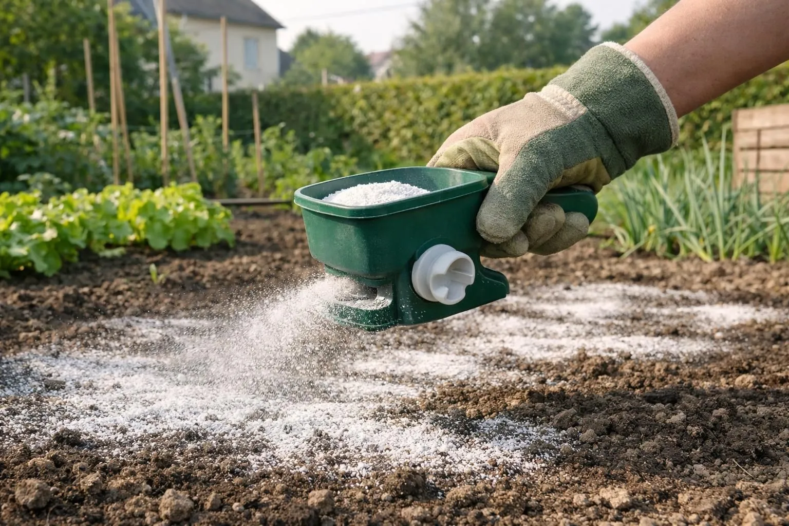 Gardener wearing protective gloves spreading agricultural lime powder uniformly over vegetable garden soil with a hand spreader in a French suburban garden, soft morning light, realistic photography style, professional gardening atmosphere, high detail on lime granules and soil texture, natural colors, shallow depth of field focused on spreading action, eco-friendly organic gardening scene