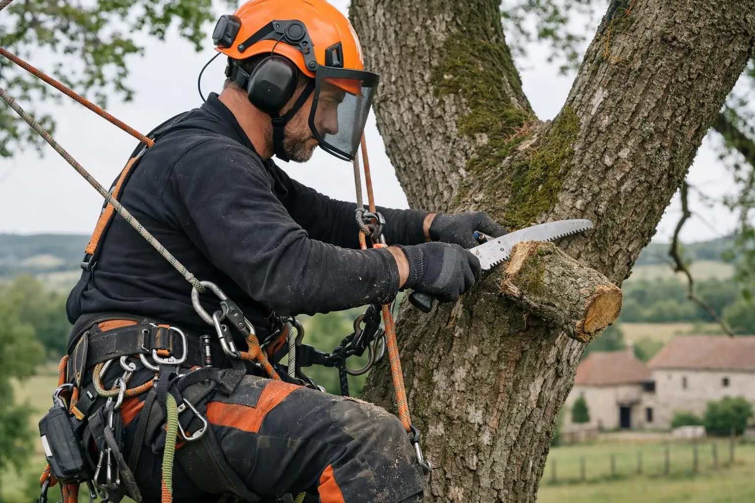 Split-screen comparison showing a hydraulic cherry picker lift accessing a tall tree on the left side, and a professional arborist using rope climbing technique with harness and safety equipment on the right side, both working on the same tree species, realistic daytime photography, natural outdoor setting in French countryside, detailed equipment visible, professional tree care work in progress, no text, no logos, authentic documentary style