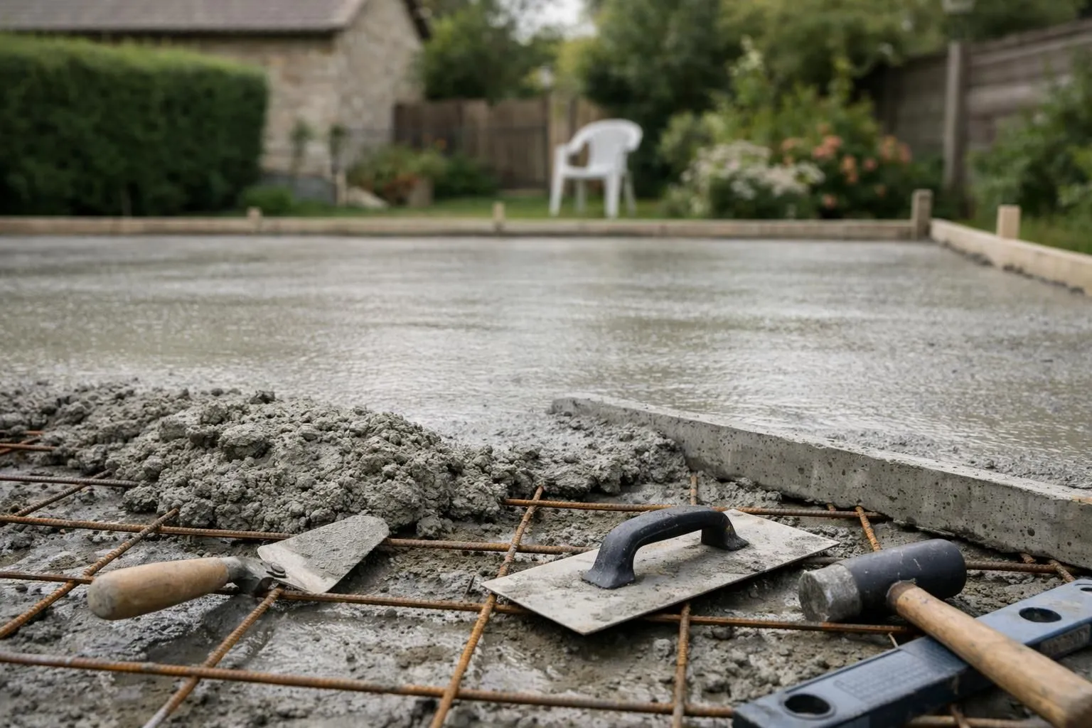 Construction site in a French garden showing freshly poured concrete foundation with visible steel reinforcement mesh (treillis soudé), concrete mixer and masonry tools in foreground, wheelbarrow with wet concrete, natural daylight, realistic construction photography, professional worksite atmosphere, high detail on concrete texture and metal armature, shallow depth of field, authentic French residential outdoor setting, no text or watermark