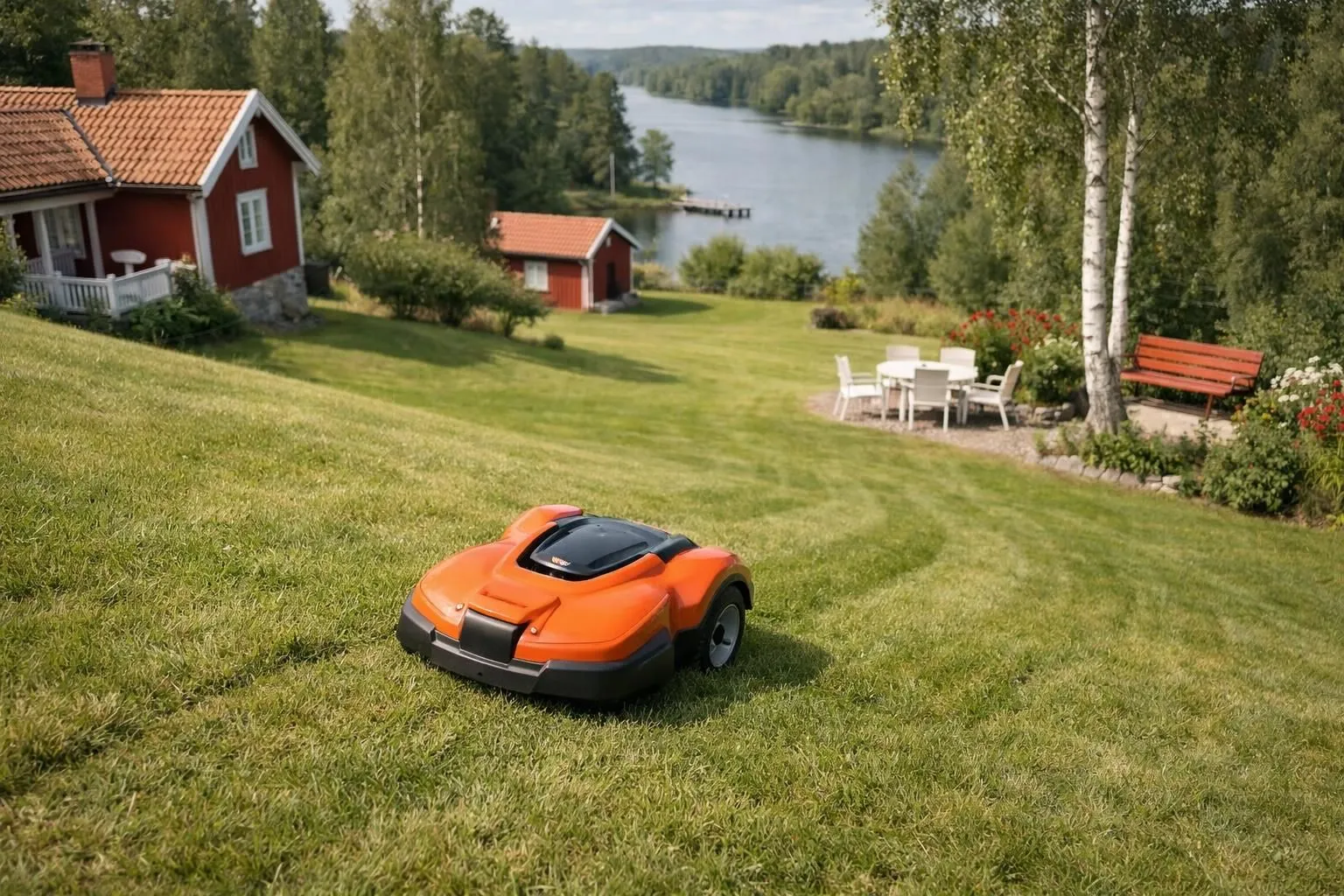 Automated lawn mower on a well-manicured lawn, with scenic lake view.