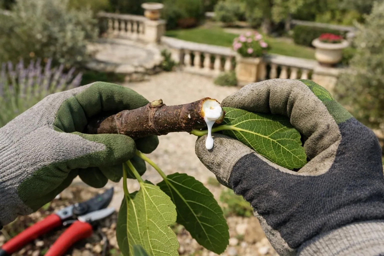 Gros plan sur des mains gantées de jardinier professionnel manipulant une branche de figuier avec sève blanche visible, dans un jardin français ensoleillé. La lumière naturelle révèle les détails de la sève laiteuse et des feuilles lobées. Atmosphère sérieuse et précautionneuse, montrant l'équipement de protection inadéquat (gants classiques tachés de sève). Style photographique réaliste, haute définition, mise au point nette sur la sève toxique, arrière-plan flou d'un jardin méditerranéen élégant. Aucun texte, aucun logo.