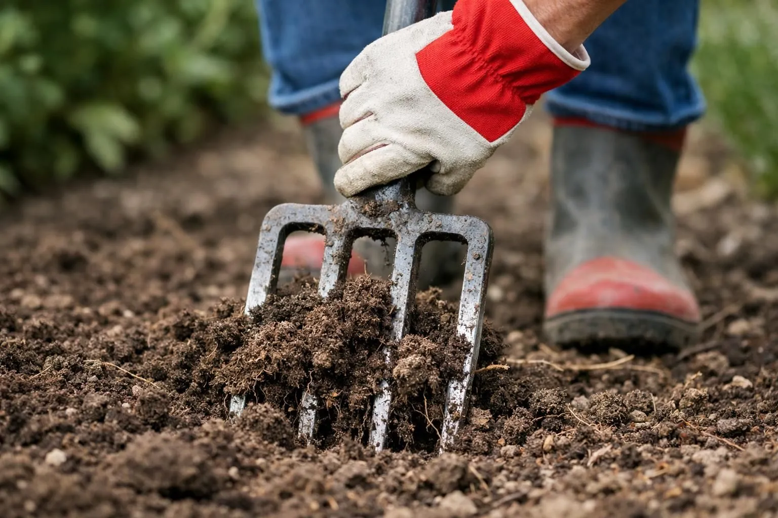 Gloved hand using garden fork to till soil.