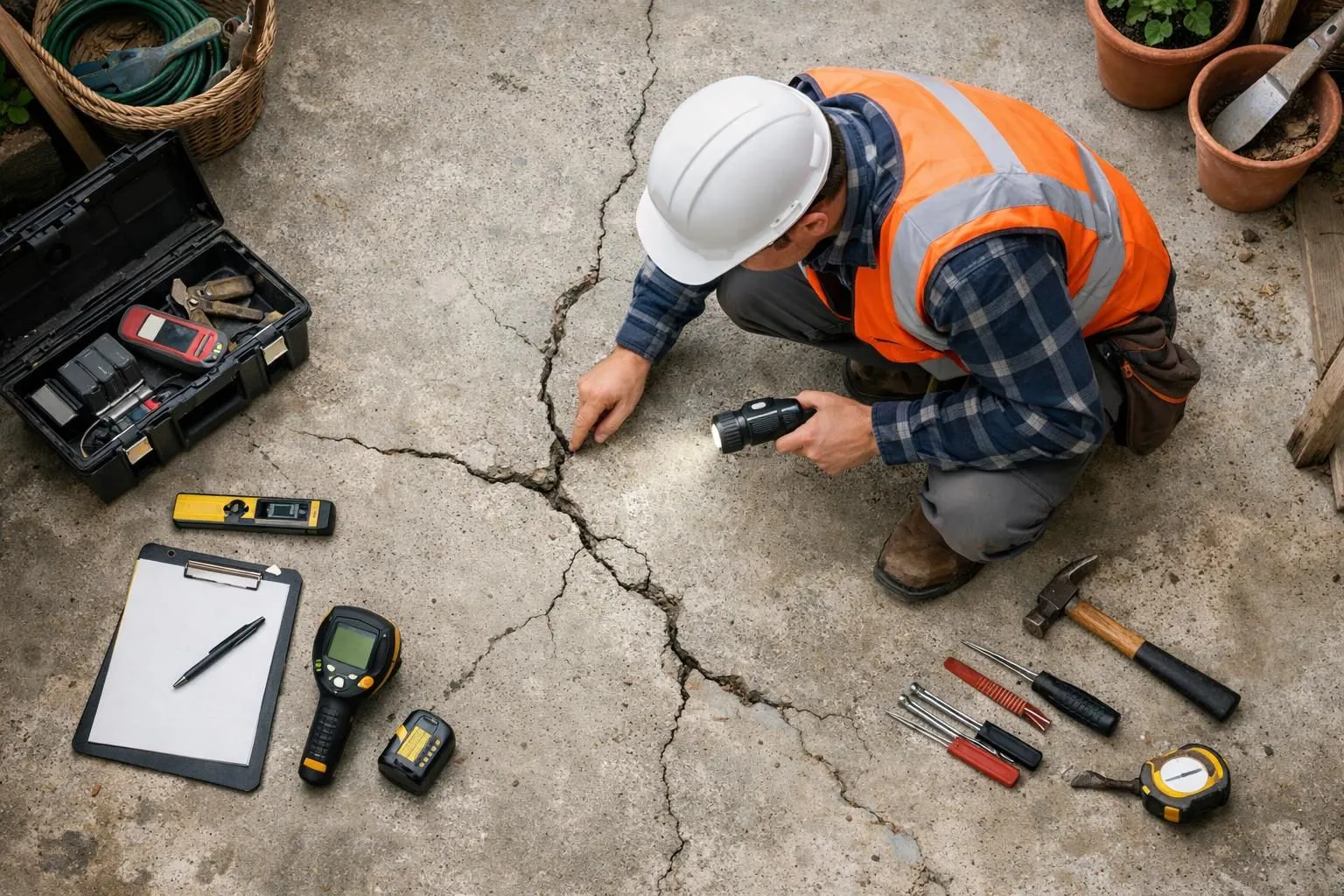 Professional construction worker examining cracked concrete floor in a French garden shed, diagnostic tools visible, natural daylight streaming through windows, realistic photography style, close-up of floor inspection with visible cracks and moisture issues, high detail, professional work environment, authentic construction scene, no text, no logos, warning atmosphere showing common ravoirage mistakes