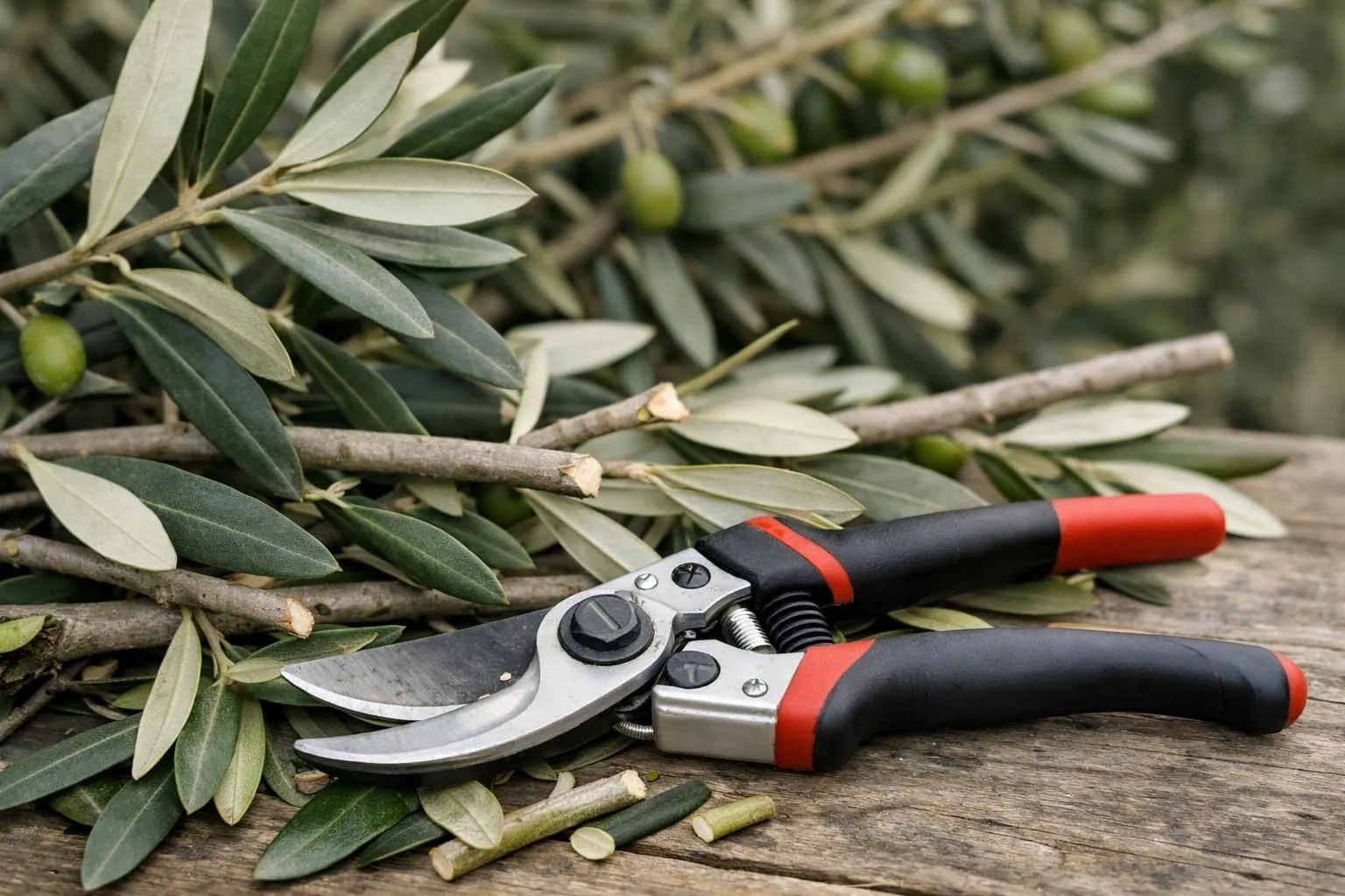 Pruning shears, olive branches, and wooden surface.