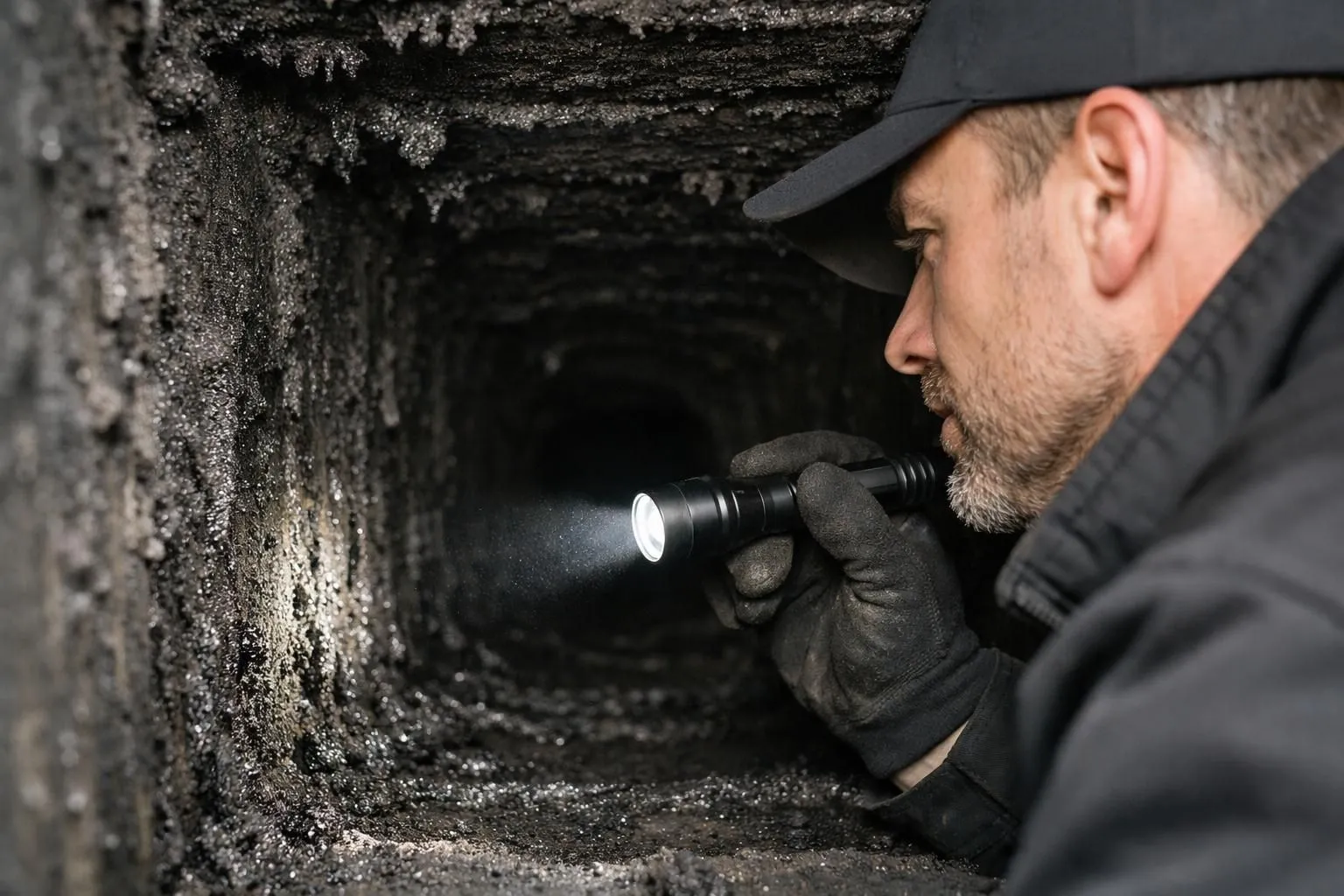 Professional inspecting a wood stove chimney flue with a flashlight, close-up detailed view of the interior inspection process, French home setting, realistic photography, natural lighting, showing soot deposits and flue interior, no text, no labels, documentary style, high detail, authentic maintenance scene