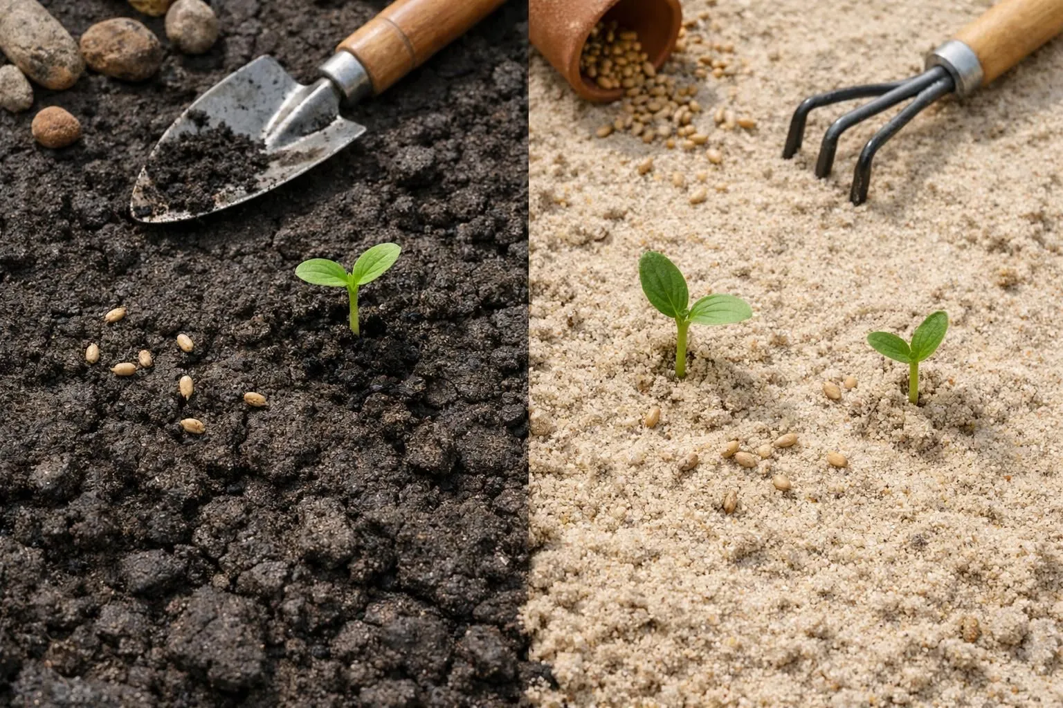Split-screen comparison of two garden soil types in France - left side shows clay soil (dark, compact texture) with a gardener's hand holding grass seeds, right side shows sandy soil (lighter, loose texture) with sprouting grass seedlings. Natural garden setting with French countryside in background, soft morning light, realistic photography style, professional gardening tools visible, high detail texture of soil particles, shallow depth of field, educational yet premium aesthetic.