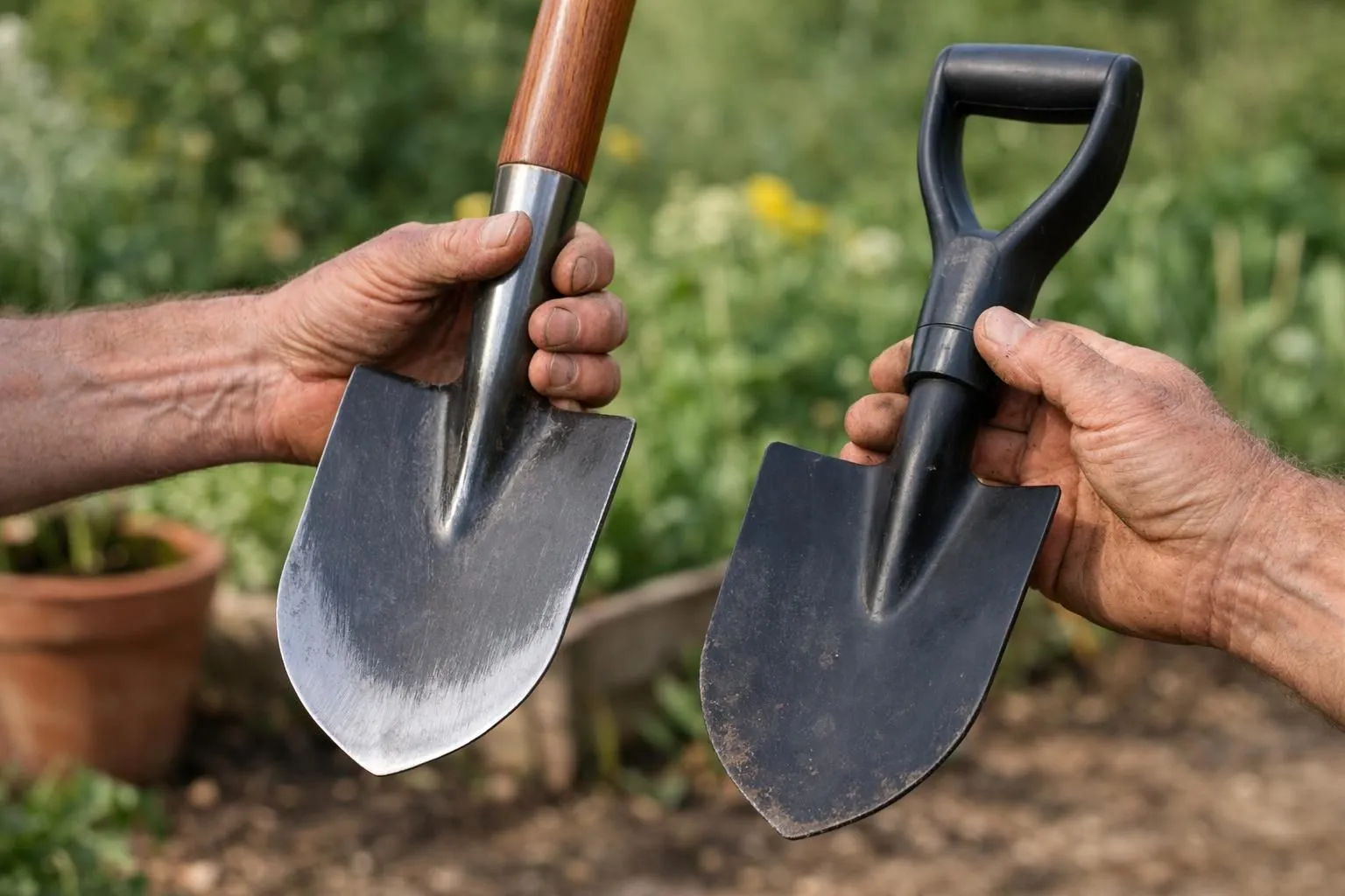 Close-up of a gardener's weathered hands comparing two garden tools side by side, one premium quality spade with polished hardwood handle and forged steel blade showing craftsmanship details, and one cheap plastic-handled tool with visible wear. Natural garden setting with soil texture visible, professional photography, shallow depth of field focusing on tool quality differences, warm natural lighting, authentic French garden atmosphere, realistic textures showing durability contrast. No text, no watermark.