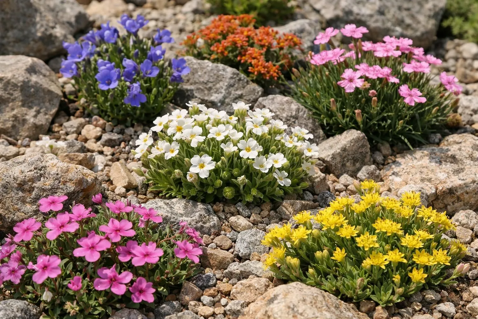 Vibrant alpine flowers blooming among rocky terrain.