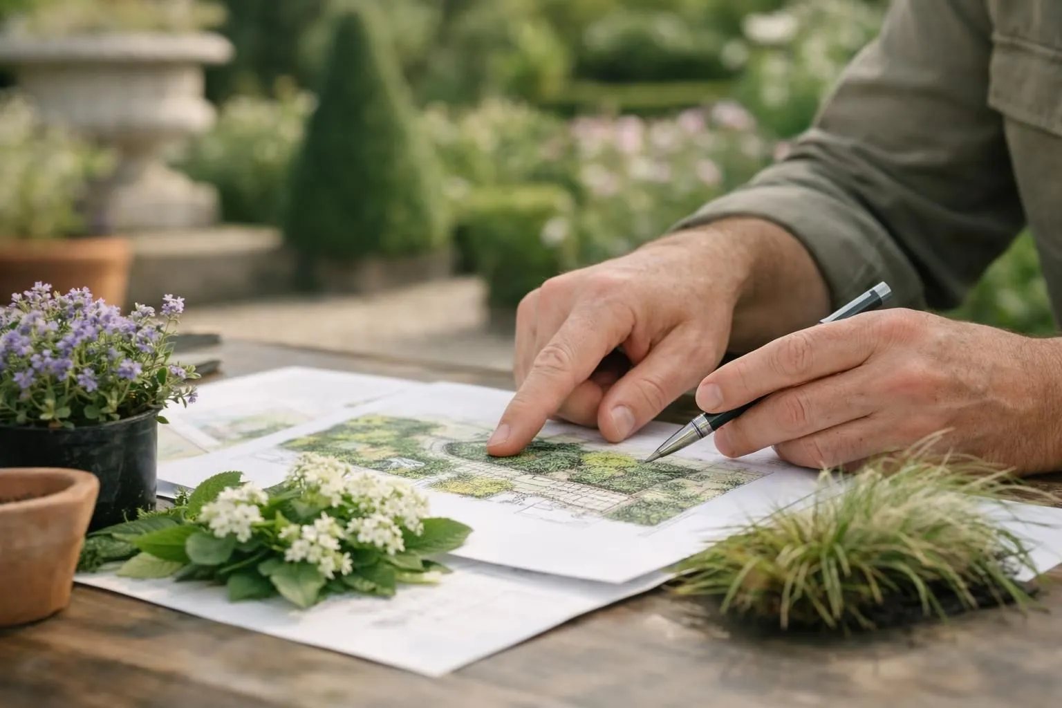 Garden designer planning perennial flower bed layout with paper sketches and plant samples, outdoor garden setting in France, realistic photography style, natural daylight, soft shadows, professional consultation scene, shallow depth of field focusing on hands pointing at sketches with colorful perennial plant samples arranged nearby, French suburban garden background slightly blurred, authentic gardening atmosphere, eco-friendly and trustworthy mood, high detail, no text, no logo, no watermark