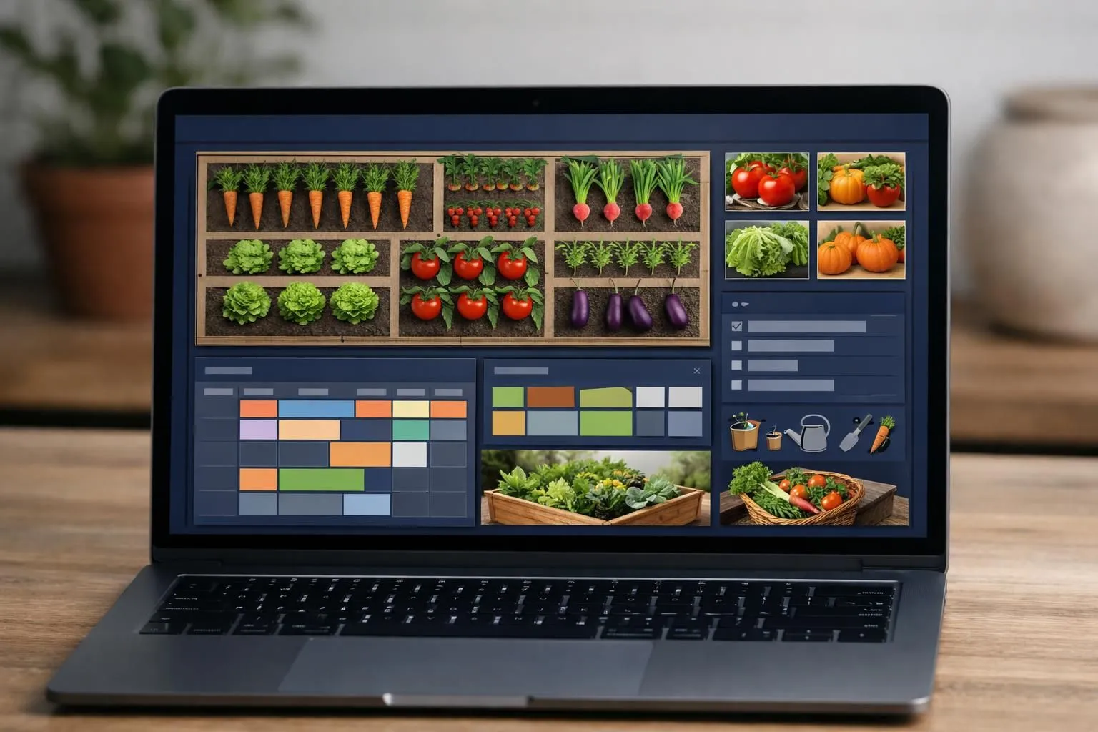 Vegetable garden layout displayed on laptop screen, with color palette and tools.