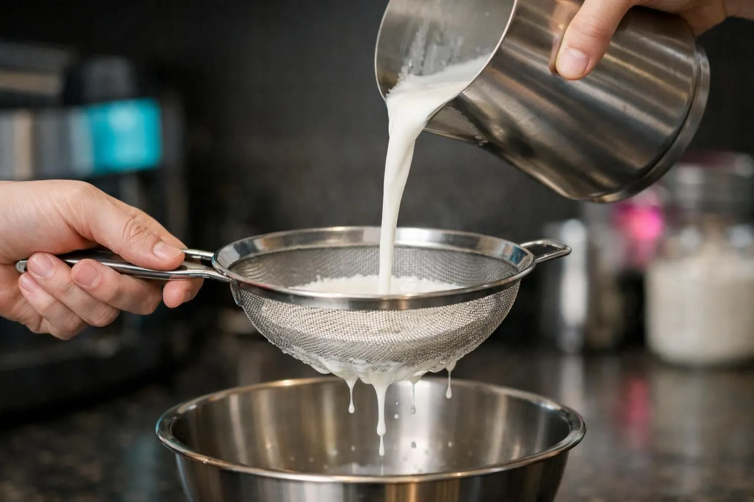 Pouring milk through a metal strainer into a bowl.