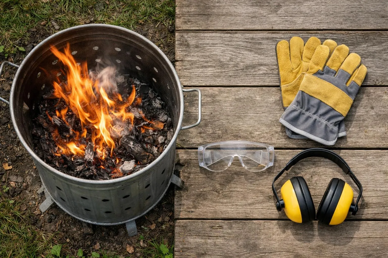 Outdoor fire pit, safety gear, and tools for outdoor work.