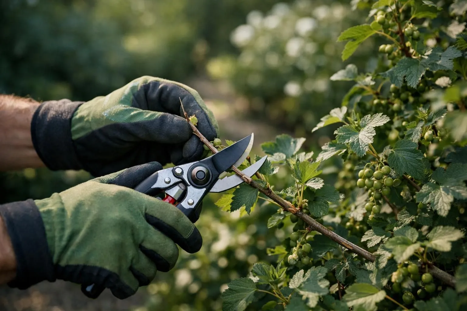 Gardener pruning a colina josta shrub in early spring with professional secateurs, hands wearing gloves carefully cutting dead wood branches, natural garden setting in France with morning sunlight, realistic photography style, detailed close-up of pruning technique, shallow depth of field focusing on hands and branches, authentic gardening atmosphere, premium quality tools visible, no text, no logos, no watermarks