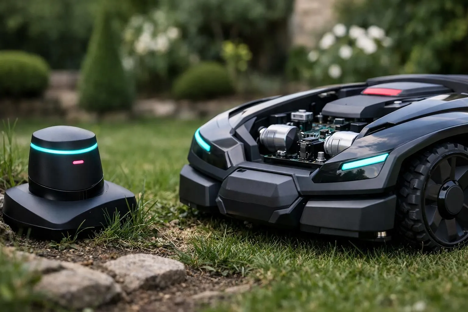 Robotic lawn mower and charging station in a grassy garden.