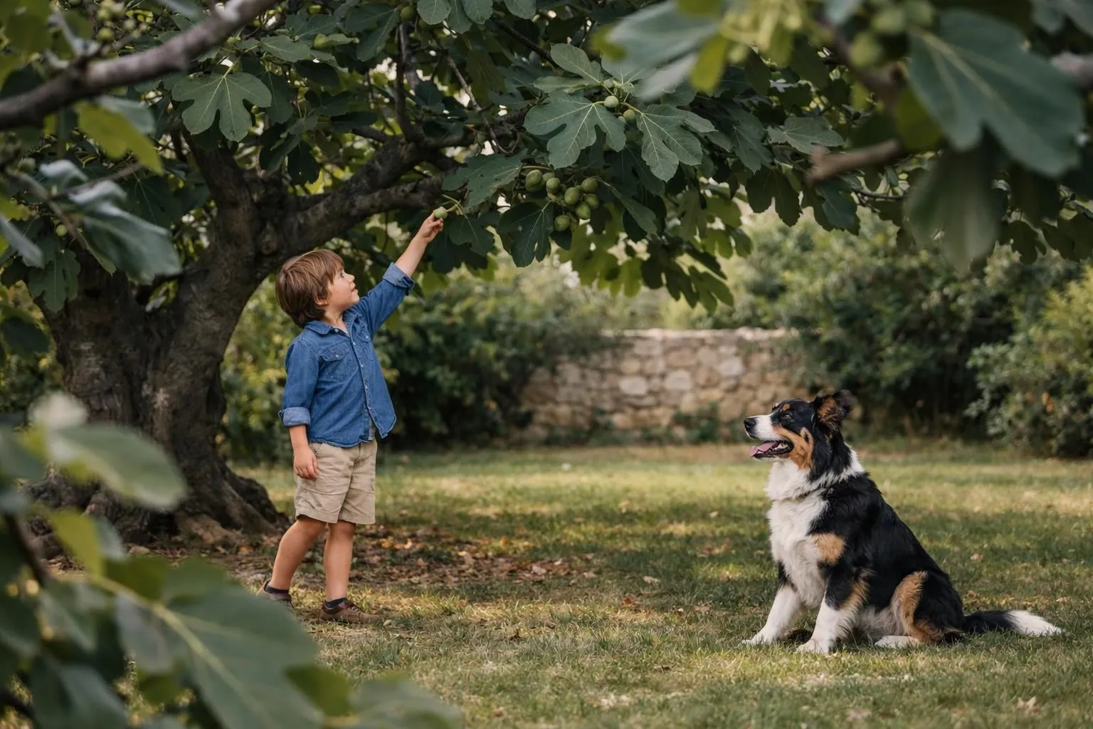 A young boy reaching up to pick fruit, with a dog nearby.