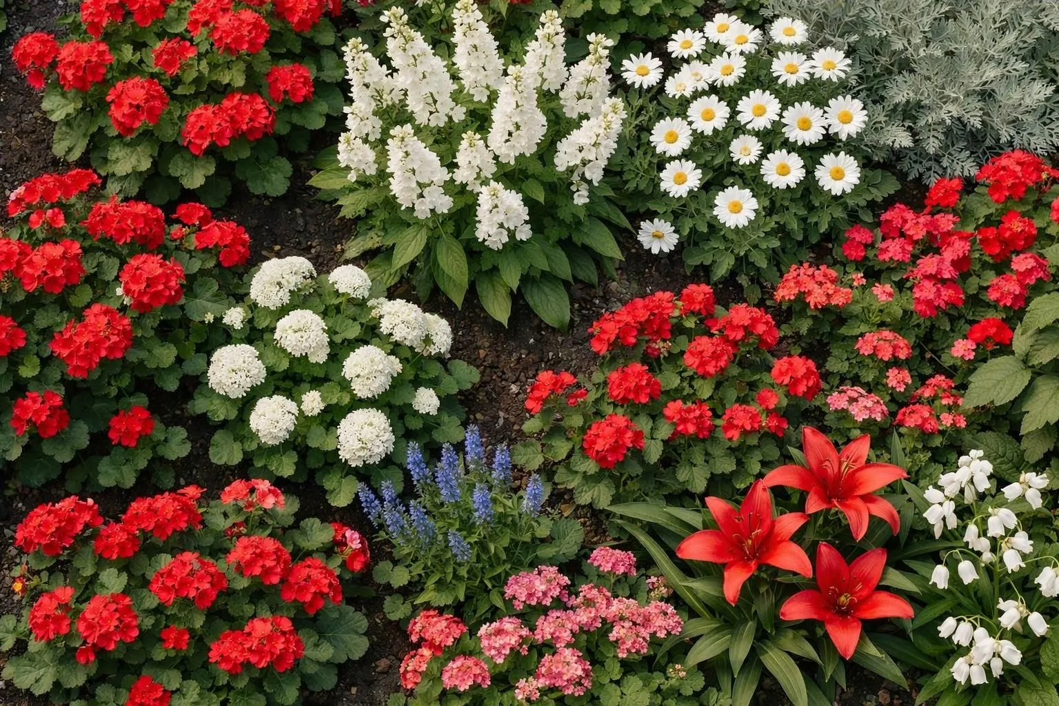 Vibrant floral garden with red, white, and blue blooms.