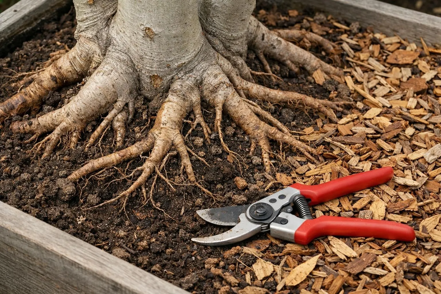 Exposed tree roots, pruning shears, and wood chips on soil.