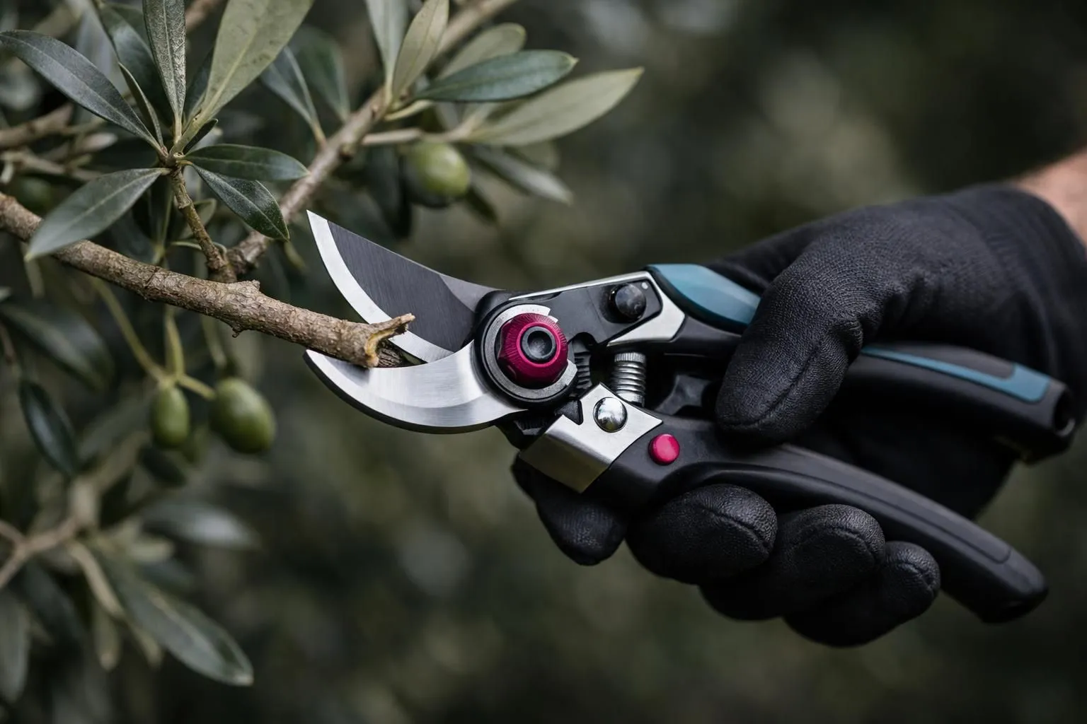 Gloved hand using pruning shears to trim plant branch.
